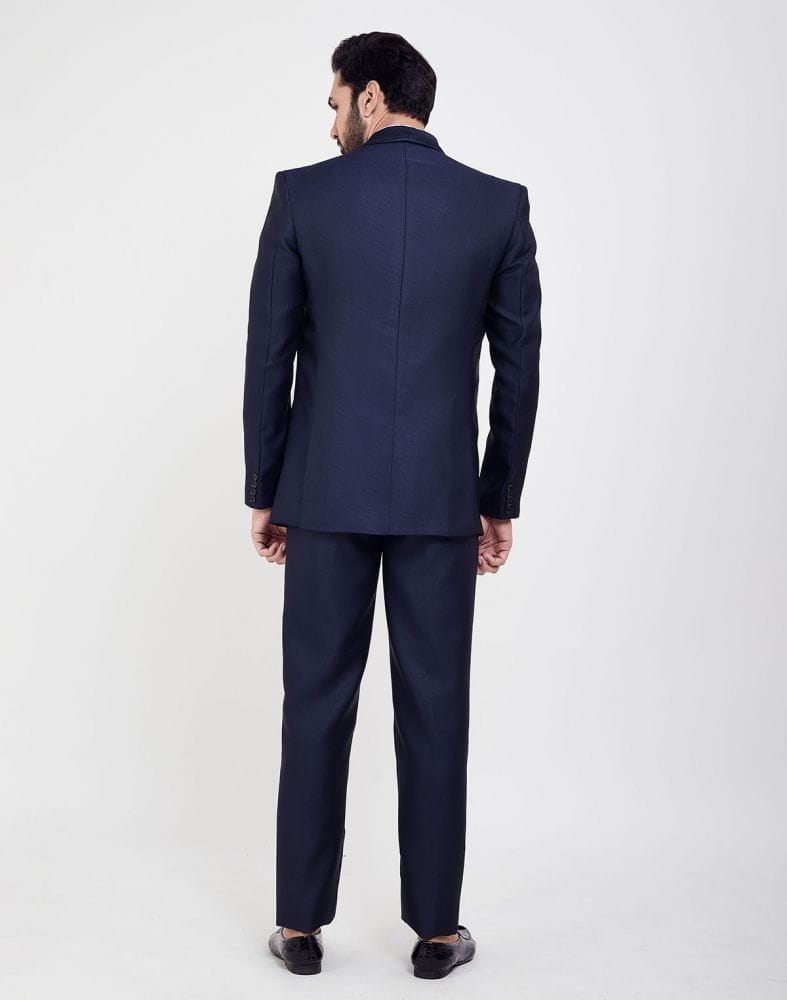 Navy Blue Self Textured 5 Pc Tuxido Designer Suit