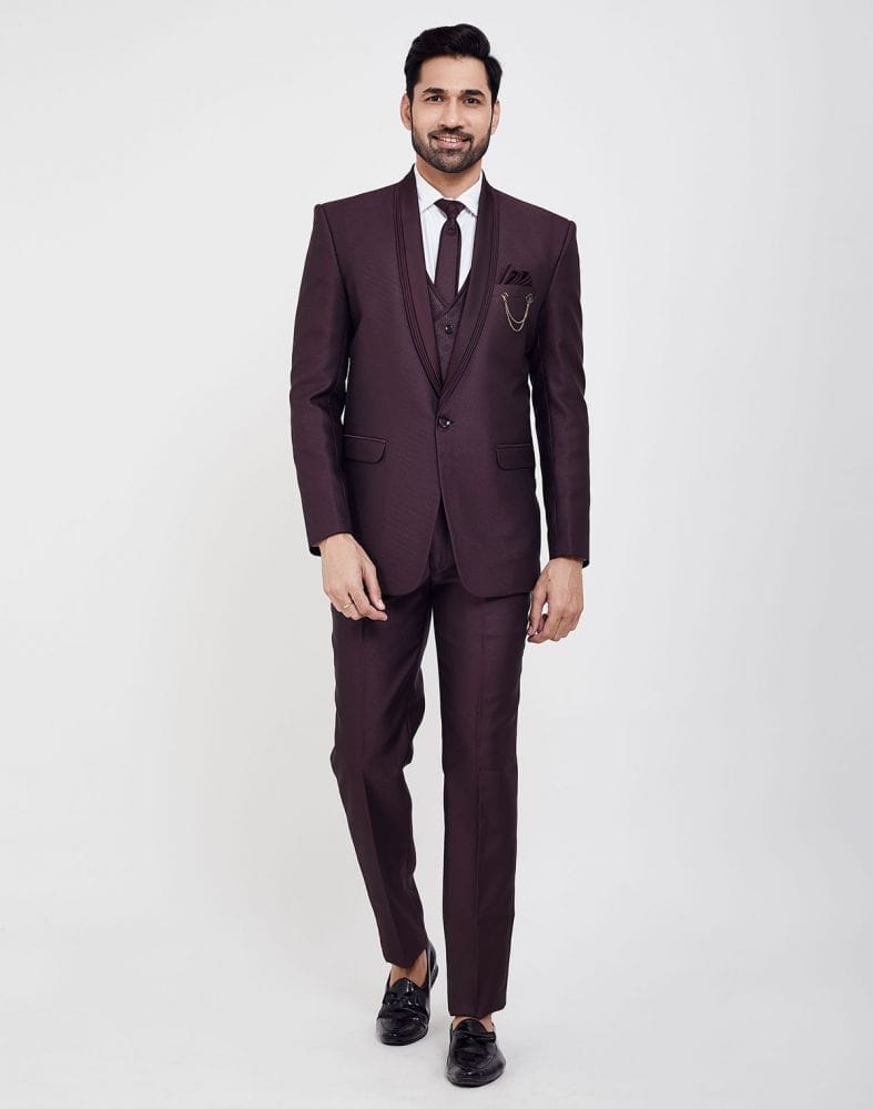 Wine Self Textured 5 Pc Tuxido Designer Suit