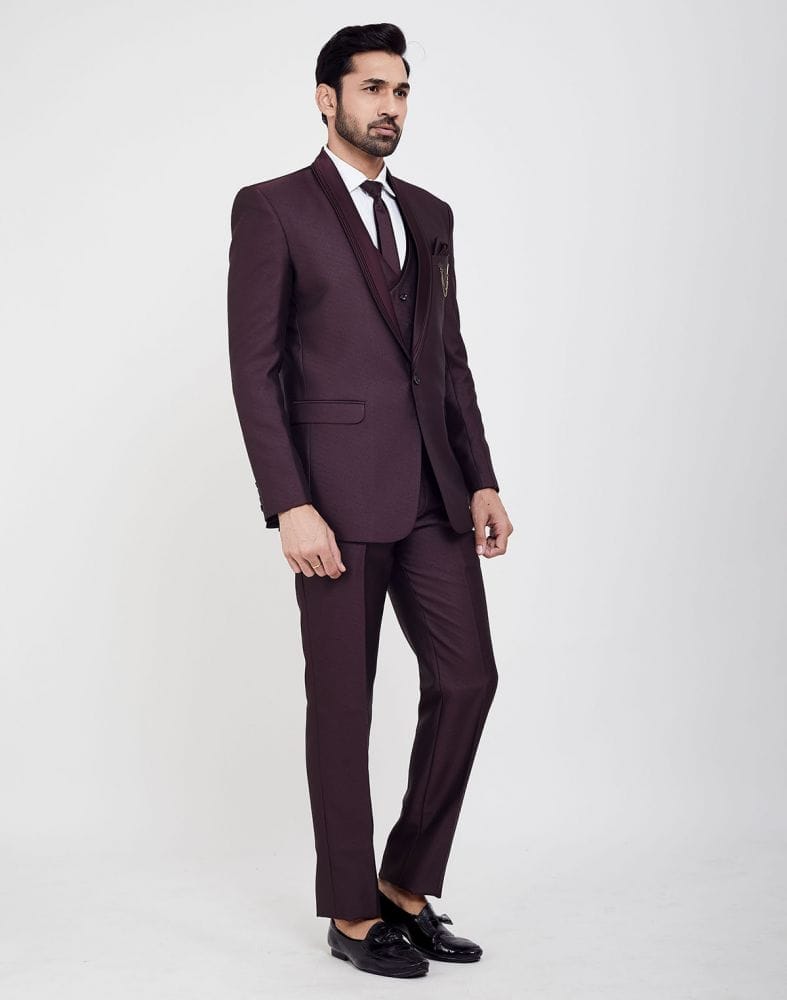 Wine Self Textured 5 Pc Tuxido Designer Suit