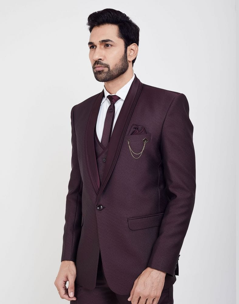 Wine Self Textured 5 Pc Tuxido Designer Suit