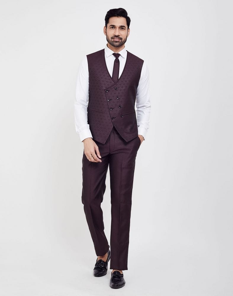 Wine Self Textured 5 Pc Tuxido Designer Suit