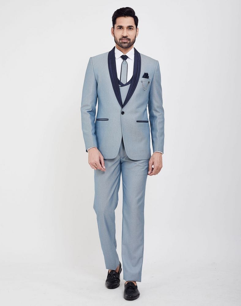 Stylish Sky Blue Self Textured 5 Pc Tuxido Designer Suit