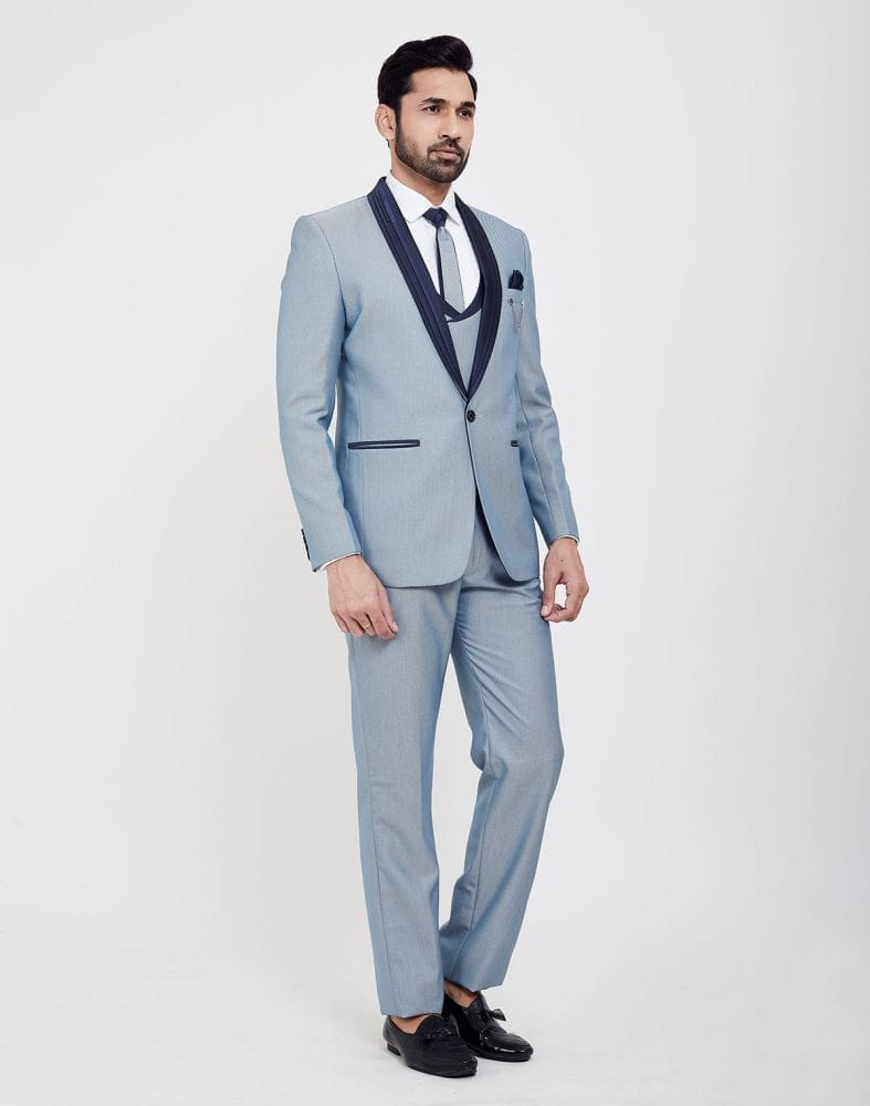 Stylish Sky Blue Self Textured 5 Pc Tuxido Designer Suit