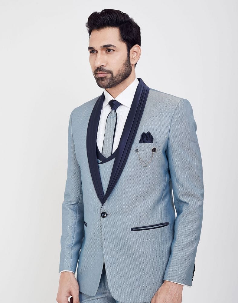 Collection of Stylish Sky Blue Self Textured 5 Pc Tuxido Designer Suit in a gallery layout