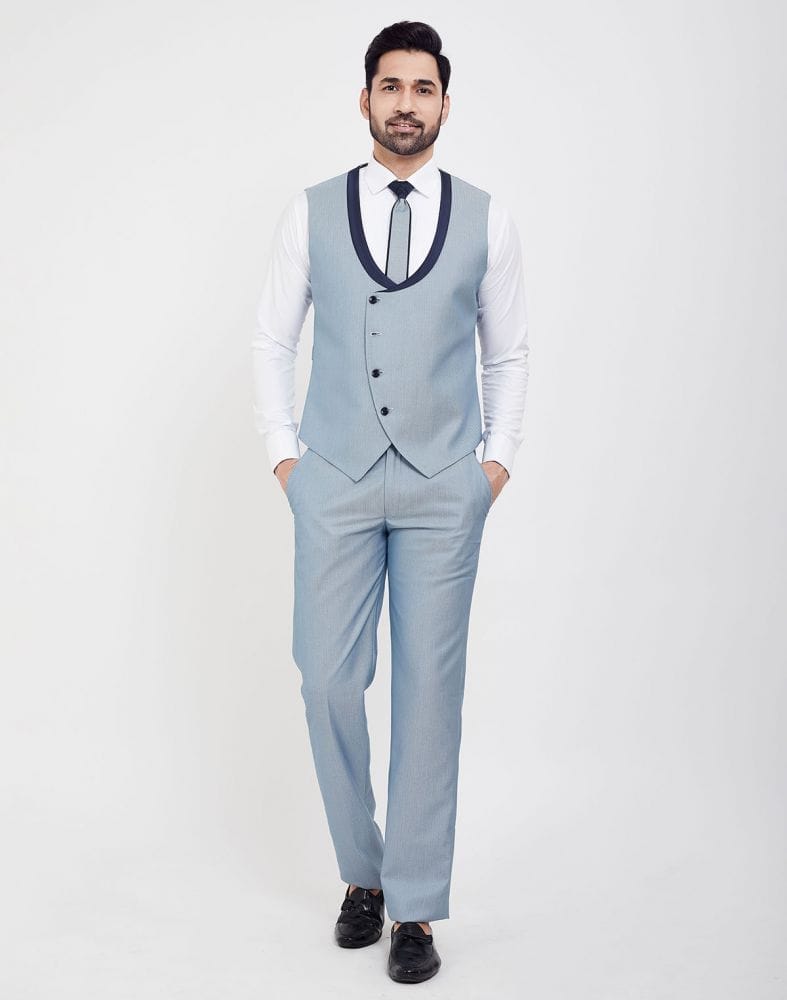 Collection of Stylish Sky Blue Self Textured 5 Pc Tuxido Designer Suit in a gallery layout