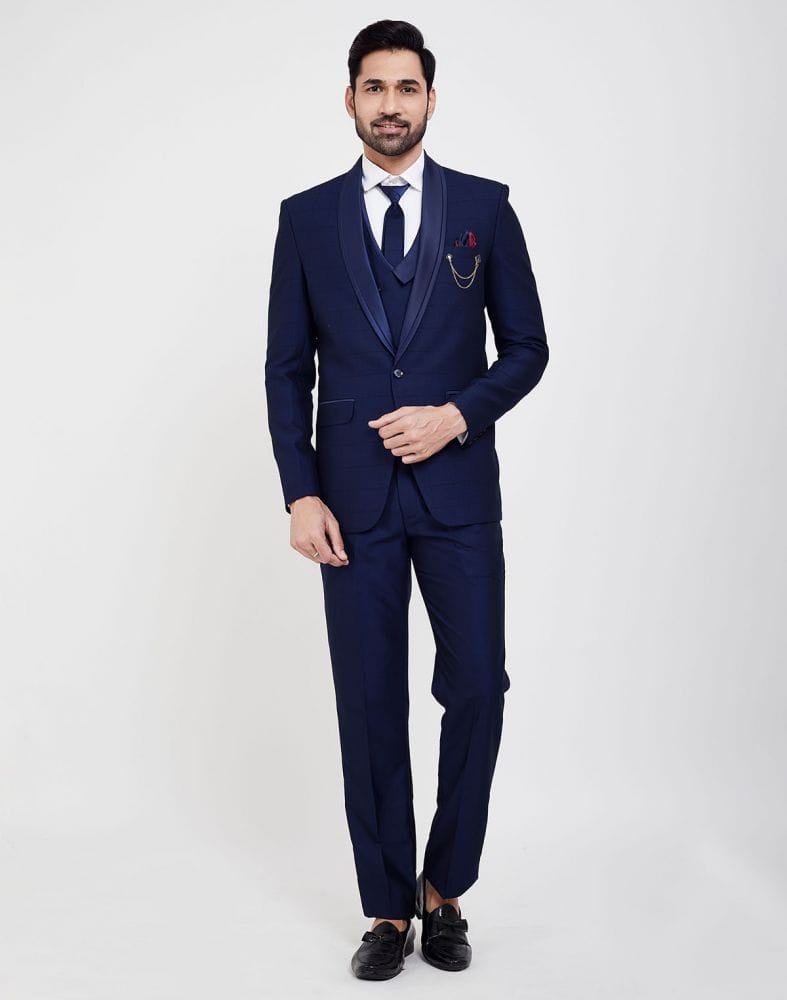 Collection of Navy Blue Self Design 5 Pc Tuxido Suit in a gallery layout