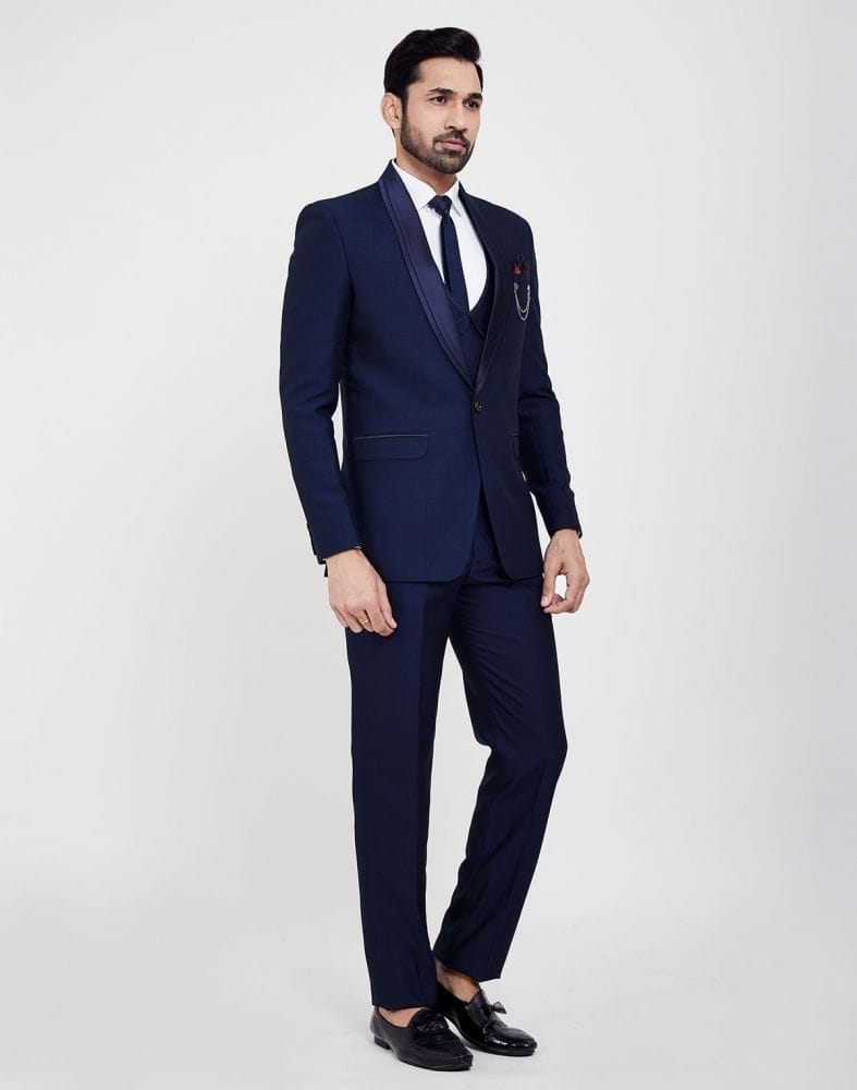 Collection of Navy Blue Self Design 5 Pc Tuxido Suit in a gallery layout