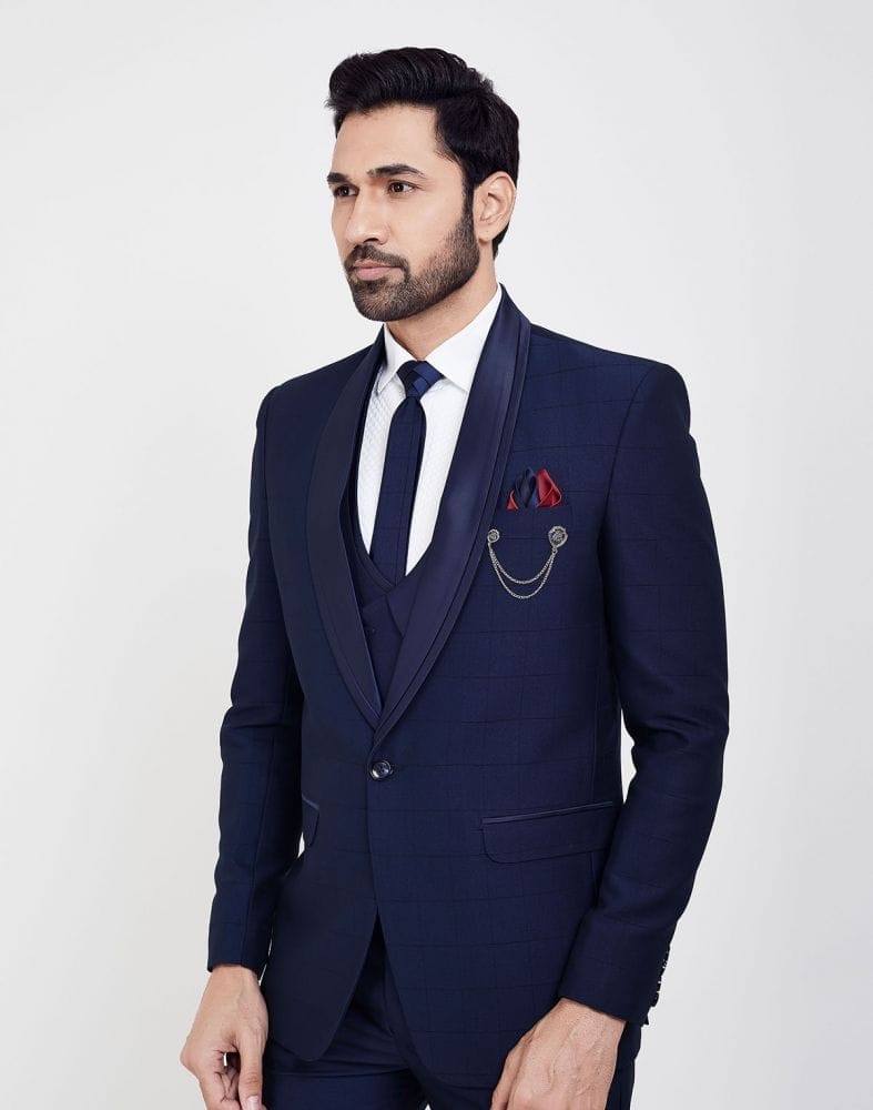 Collection of Navy Blue Self Design 5 Pc Tuxido Suit in a gallery layout