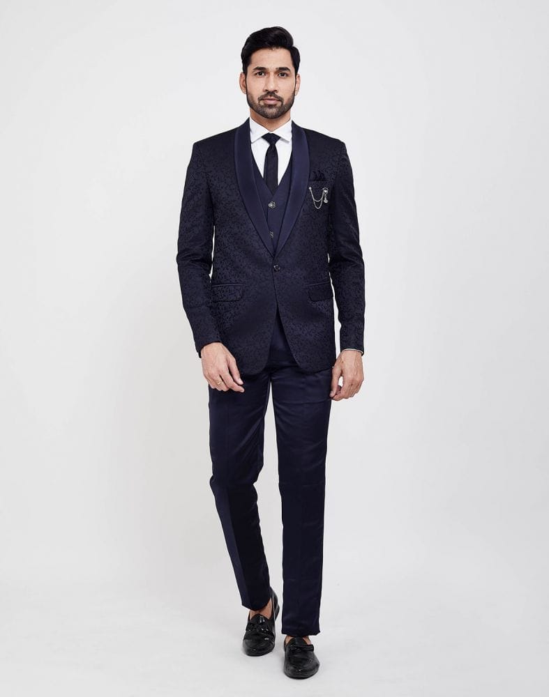 Collection of Navy Blue Slim Fit 5 Pc Tuxido Designer Suit in a gallery layout