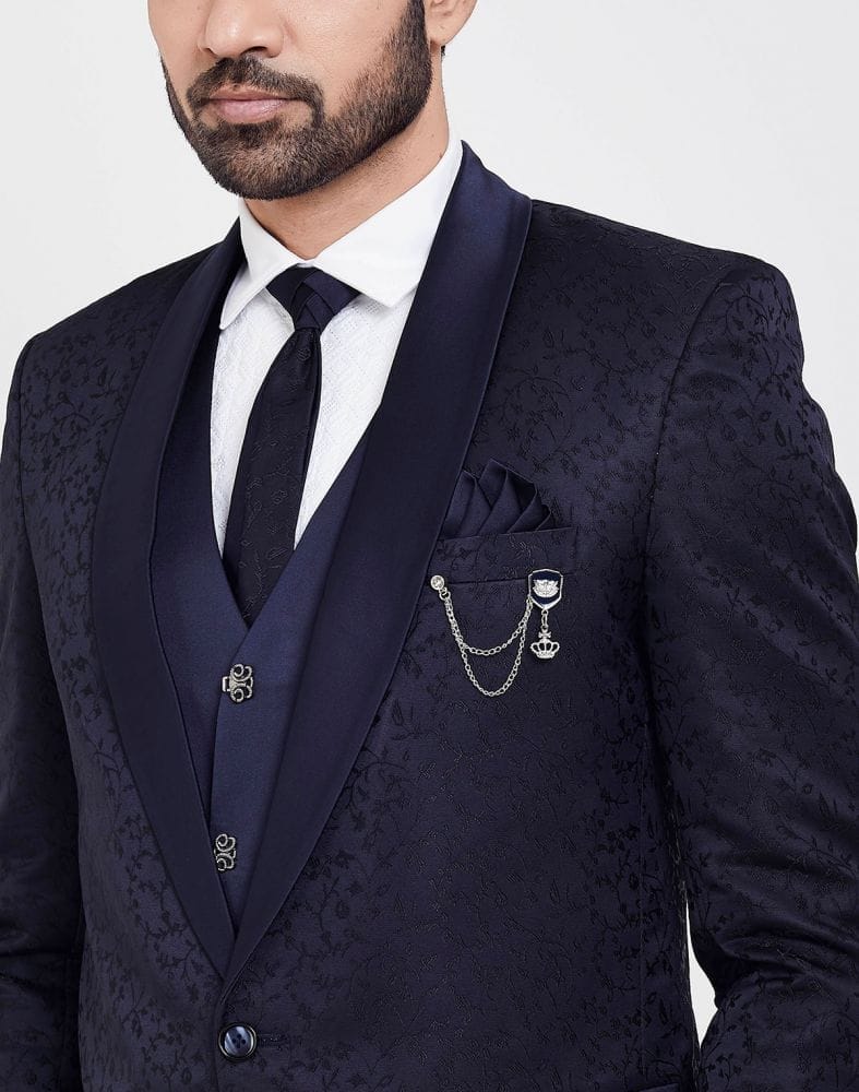 Collection of Navy Blue Slim Fit 5 Pc Tuxido Designer Suit in a gallery layout