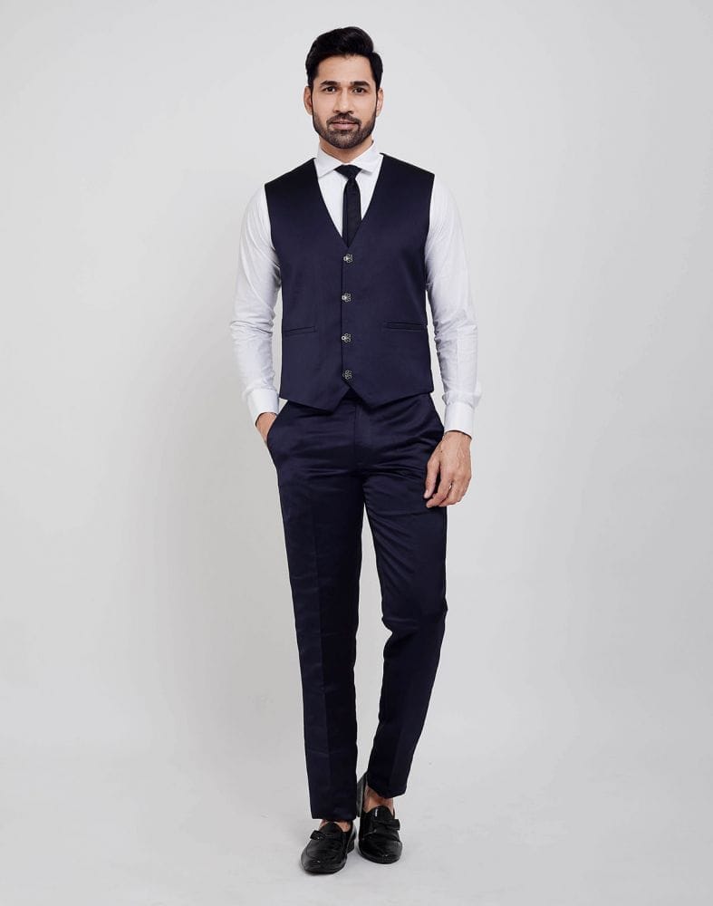 Collection of Navy Blue Slim Fit 5 Pc Tuxido Designer Suit in a gallery layout