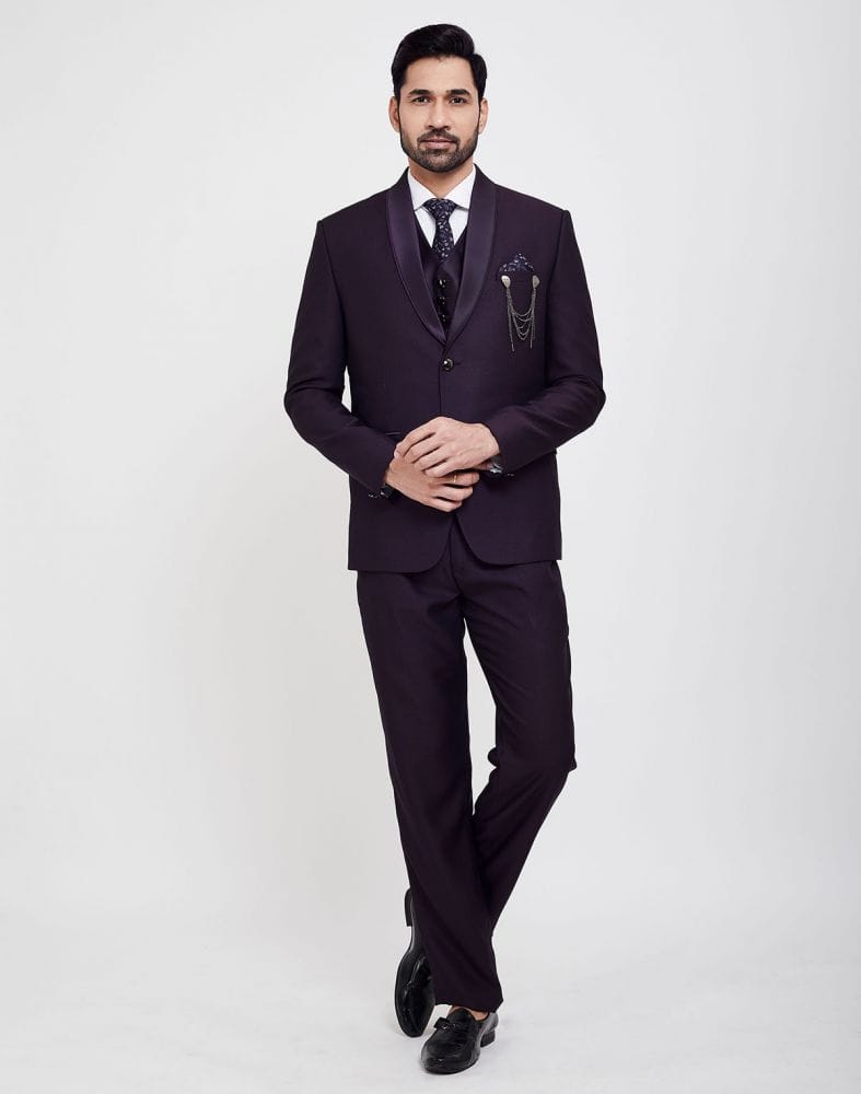 Collection of Dark Wine Stylish 5 Pc Tuxido Designer Suit in a gallery layout