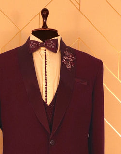 Collection of Shawl Lapel designer Maroon suit set in a gallery layout