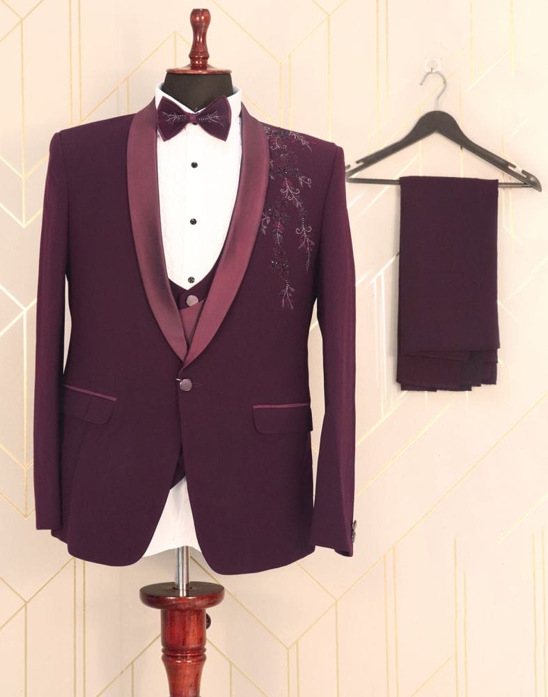 Collection of Designer Maroon Plain Polynosic Beads Suit Set in a gallery layout