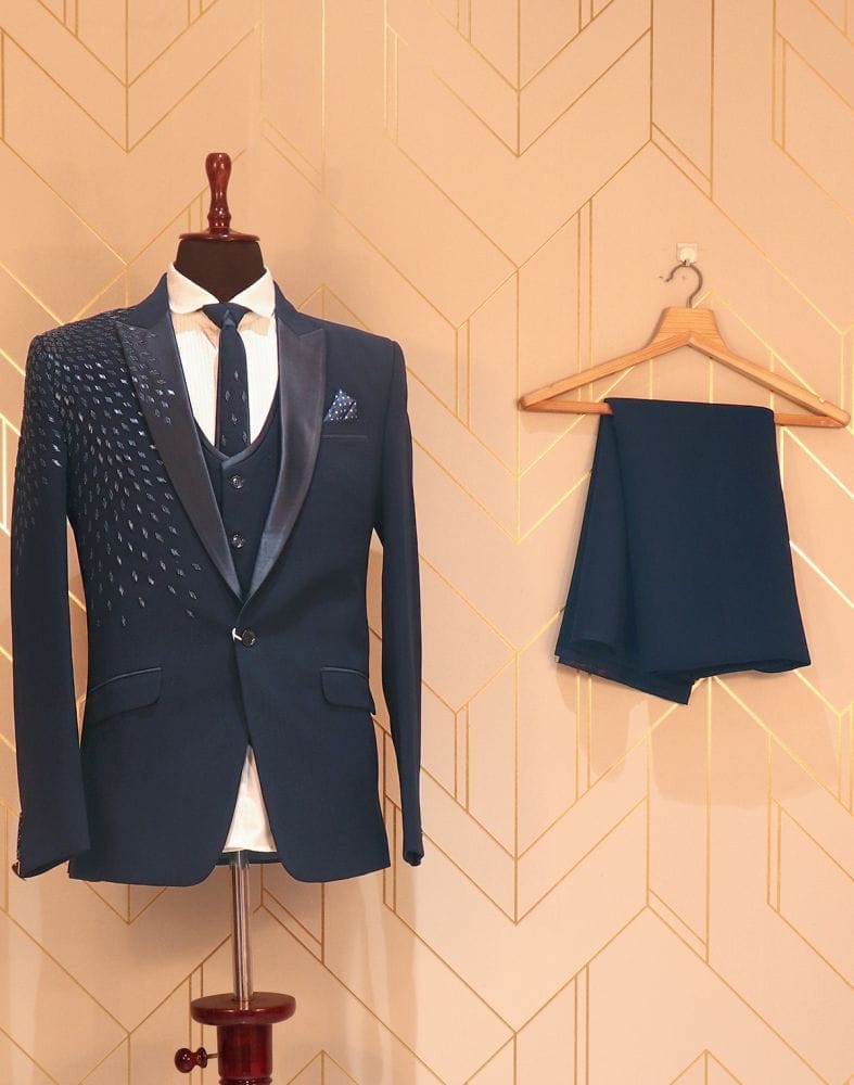 Collection of Designer Elegant Navy Blue Suit Set in a gallery layout