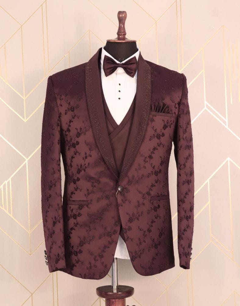 Collection of Designer Maroon Floral Satin Beads Suit Set in a gallery layout