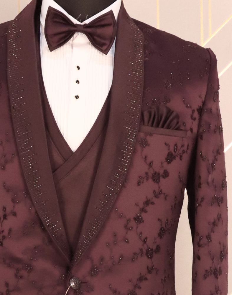 Collection of Designer Maroon Floral Satin Beads Suit Set in a gallery layout