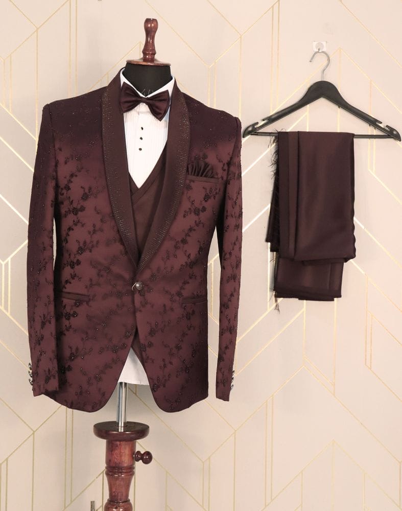 Designer Maroon Floral Satin Beads Suit Set