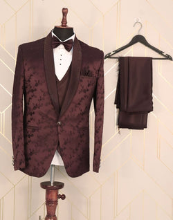 Collection of Designer Maroon Floral Satin Beads Suit Set in a gallery layout