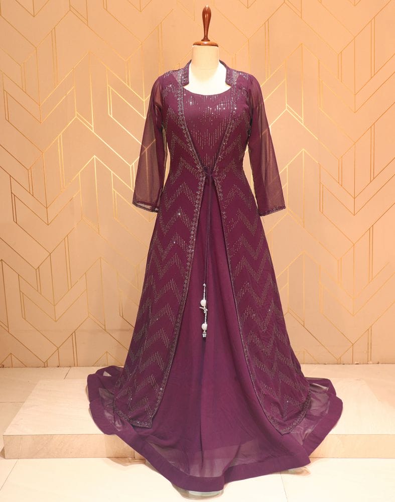 Collection of Wine Coloured Stones work Georgette Dress Gown with a beautiful Coat in a gallery layout