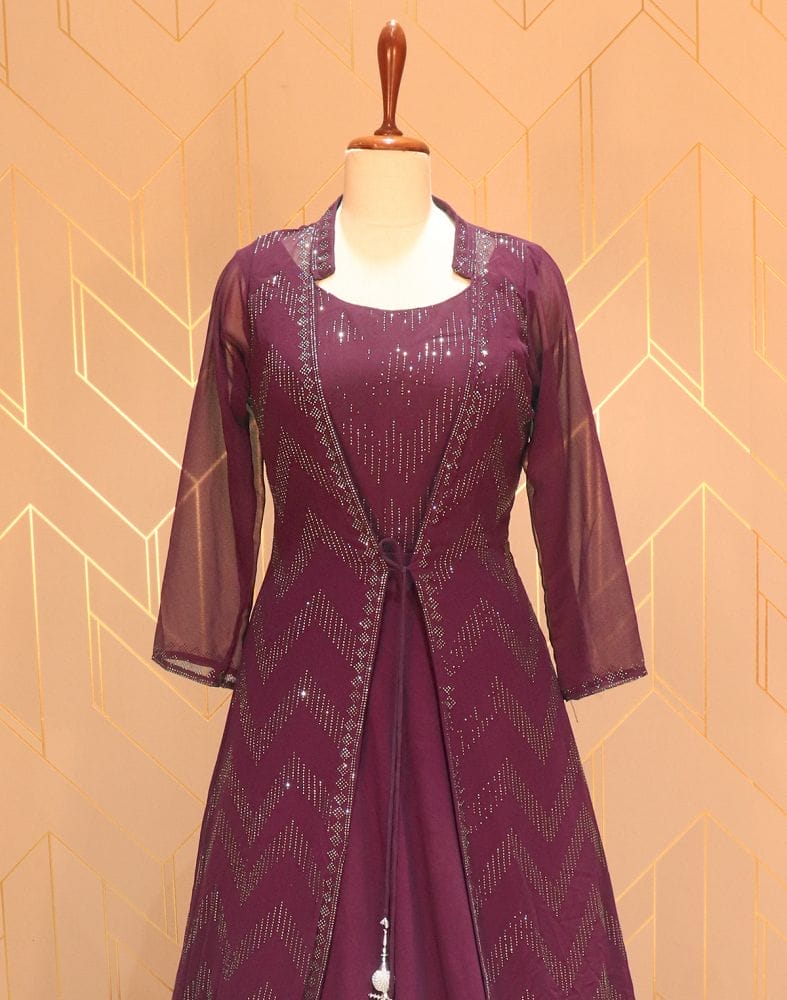 Collection of Wine Coloured Stones work Georgette Dress Gown with a beautiful Coat in a gallery layout