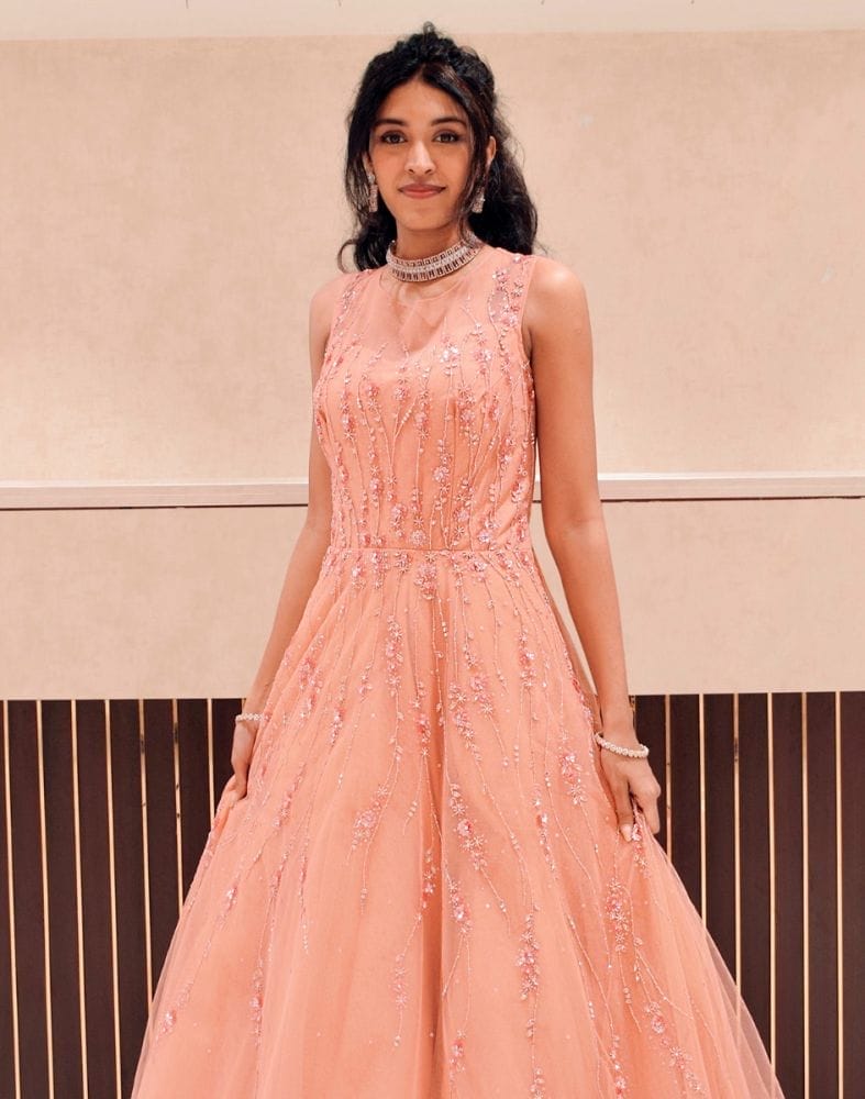 Peach fully flared Netted Embellished Gown