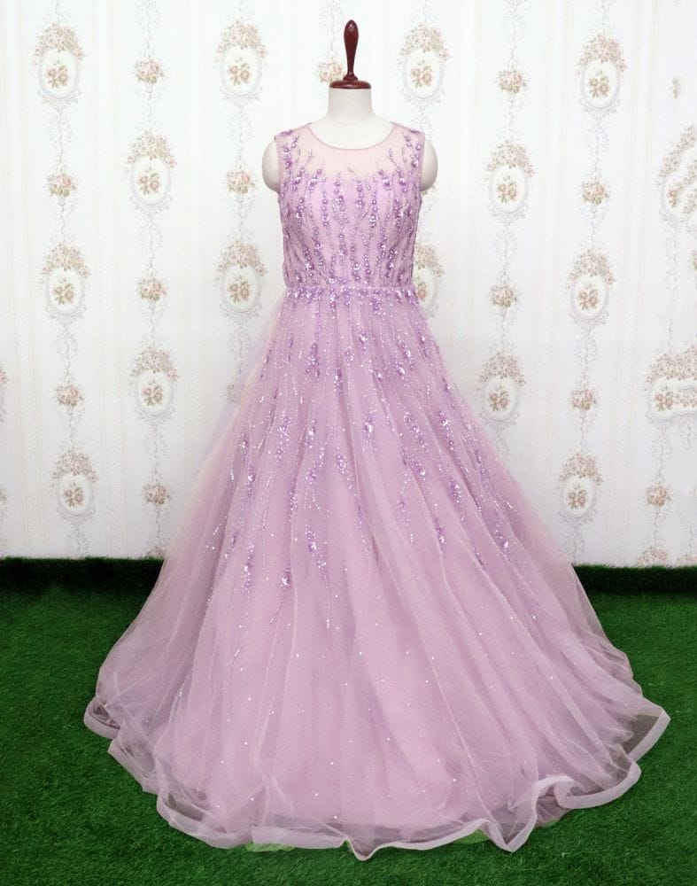 Purple fully flared Netted Embellished Gown