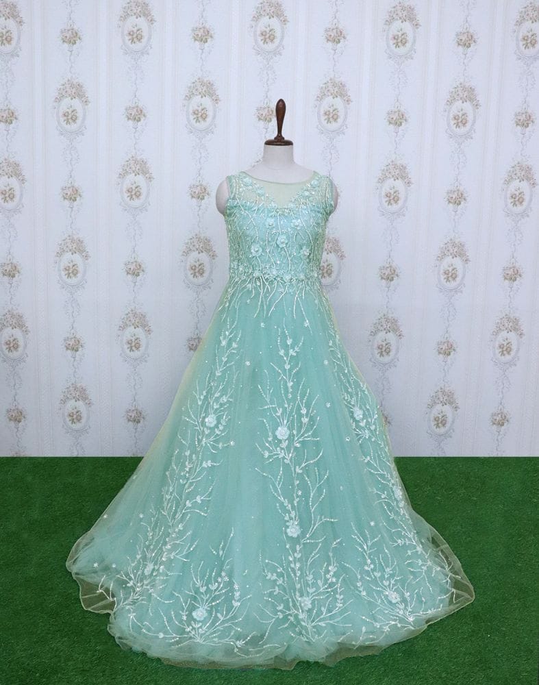 Light Green designer netted Embellished Gown with mask