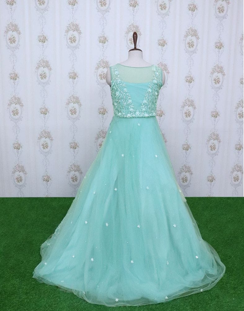 Light Green designer netted Embellished Gown with mask