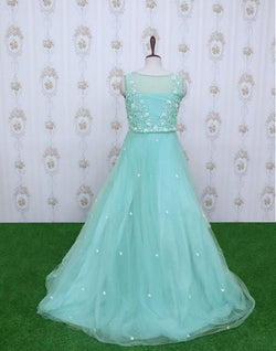 Collection of Light Green designer netted Embellished Gown with mask in a gallery layout