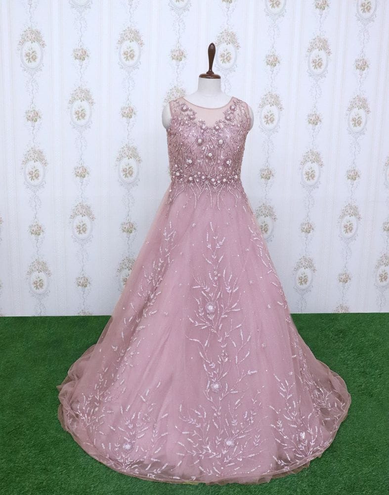 Collection of Light Pink designer netted Embellished Gown with mask in a gallery layout