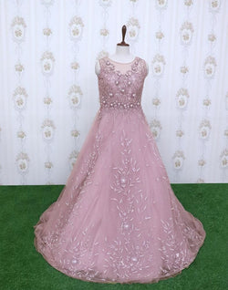 Collection of Light Pink designer netted Embellished Gown with mask in a gallery layout