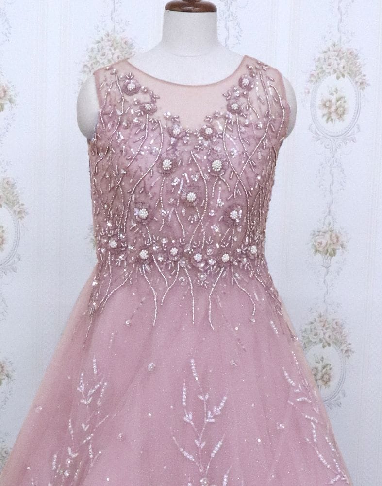 Collection of Light Pink designer netted Embellished Gown with mask in a gallery layout