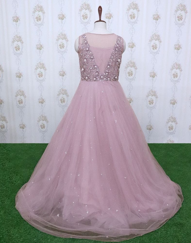 Collection of Light Pink designer netted Embellished Gown with mask in a gallery layout