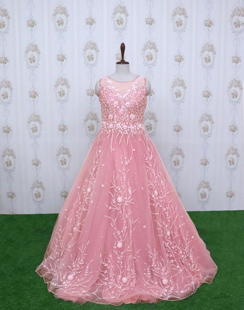 Pink designer netted Embellished Gown with mask