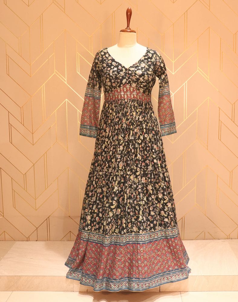 Collection of Elegant Black Floral print Embellished work Chiffon Dress Gown in a gallery layout