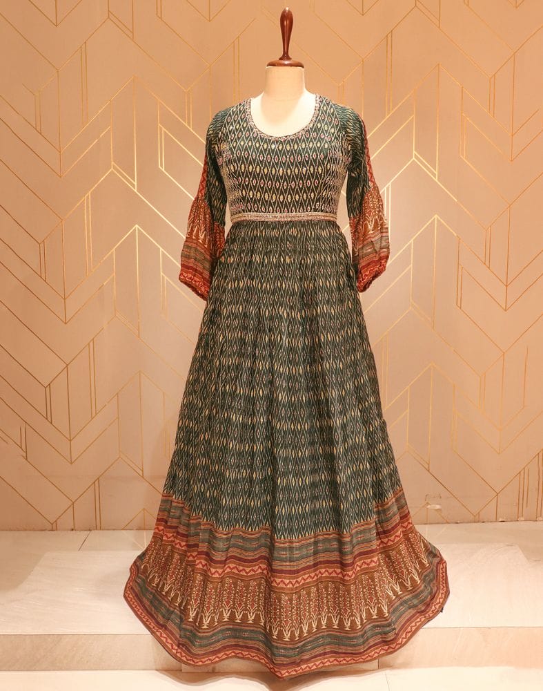 Collection of Green Ikat pattern print Stones work Chiffon Dress Gown in a gallery layout