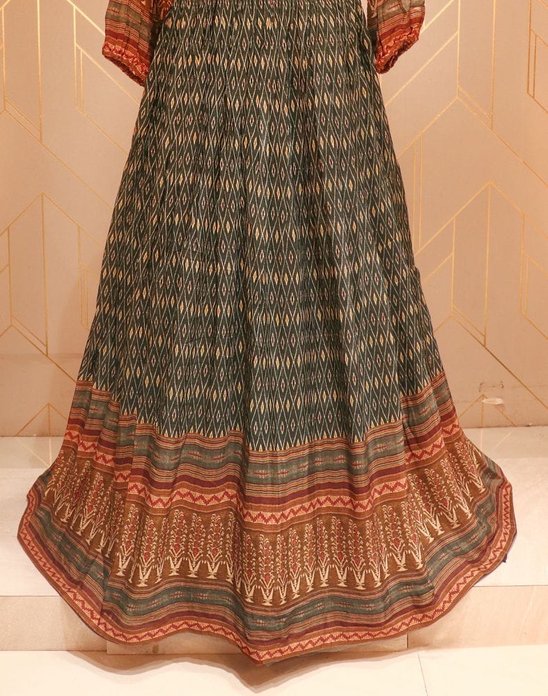 Collection of Green Ikat pattern print Stones work Chiffon Dress Gown in a gallery layout