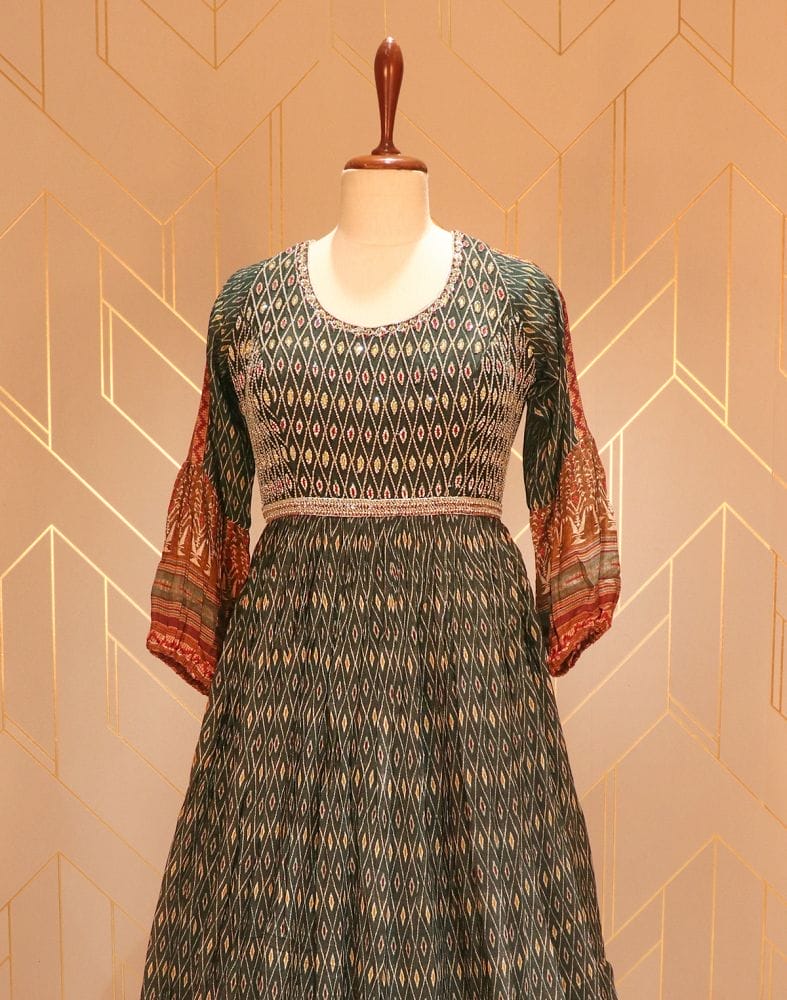 Green Ikat pattern print Stones work Chiffon Dress Gown