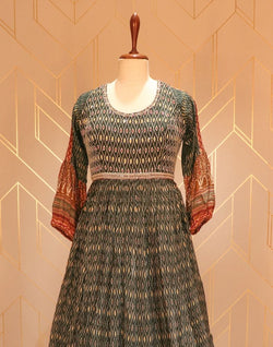 Collection of Green Ikat pattern print Stones work Chiffon Dress Gown in a gallery layout