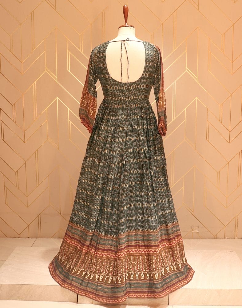 Collection of Green Ikat pattern print Stones work Chiffon Dress Gown in a gallery layout