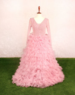 Collection of Designer Pink fully flared Netted Pearls work Gown in a gallery layout