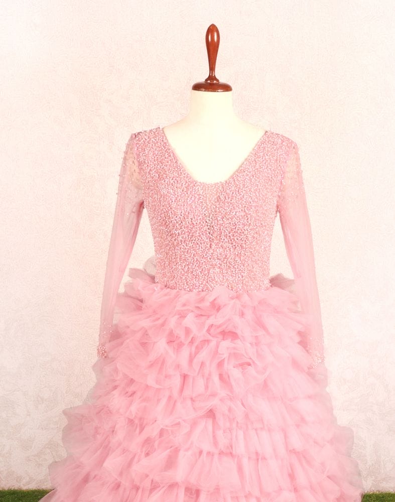 Collection of Designer Pink fully flared Netted Pearls work Gown in a gallery layout