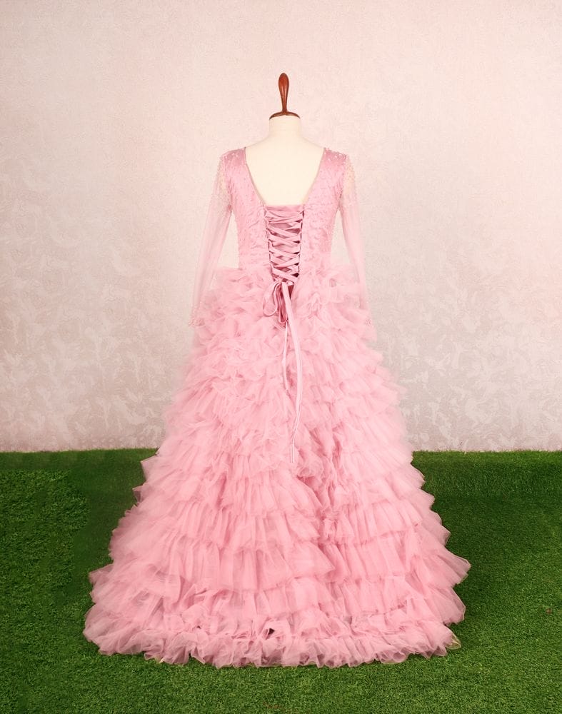 Collection of Designer Pink fully flared Netted Pearls work Gown in a gallery layout