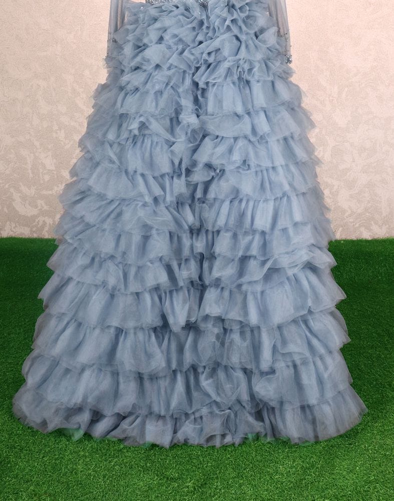 Designer Grey fully flared Netted Pearls work Gown