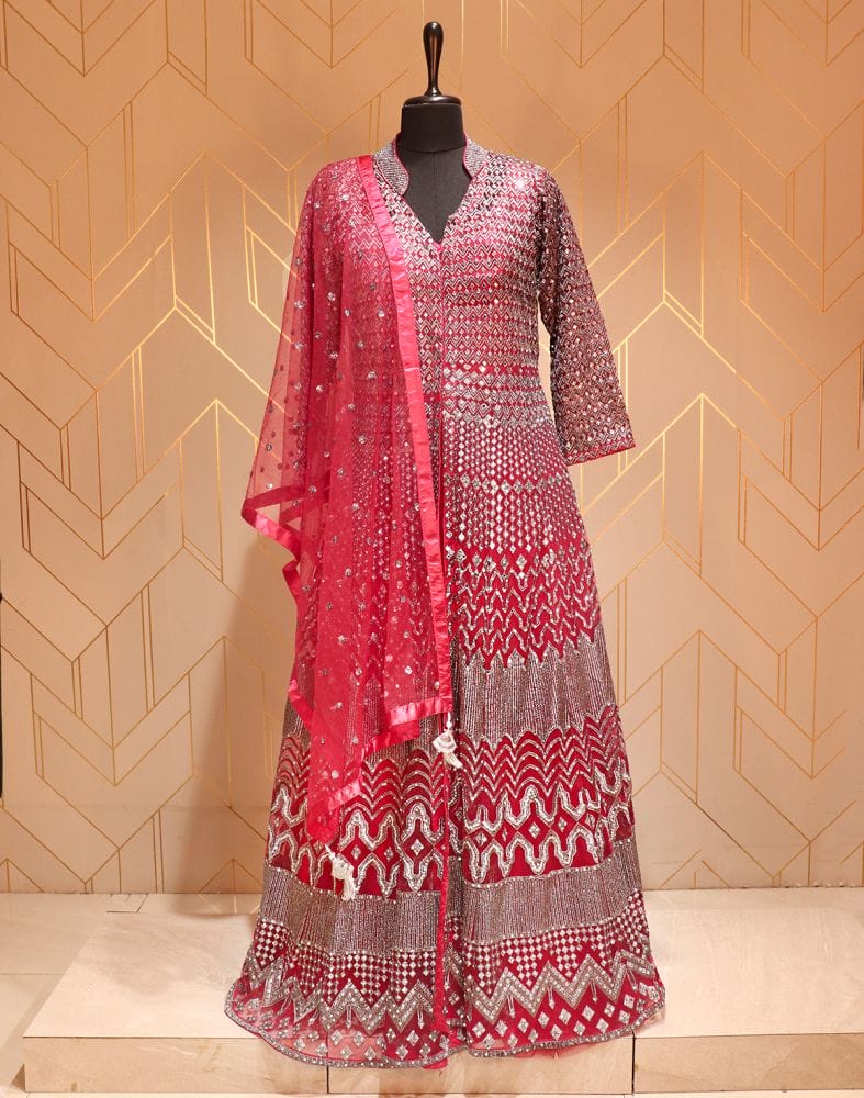 Maroon Chevron Netted Mirror Work Gown with Dupatta