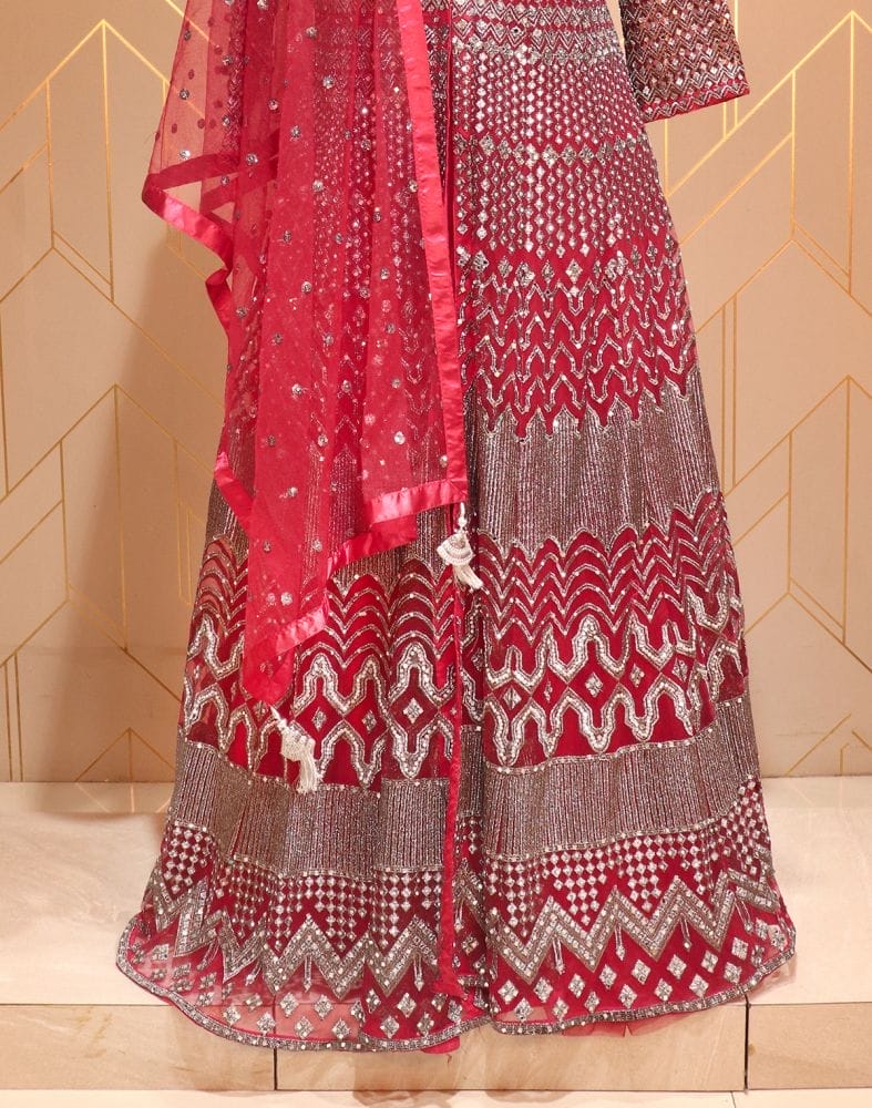 Maroon Chevron Netted Mirror Work Gown with Dupatta