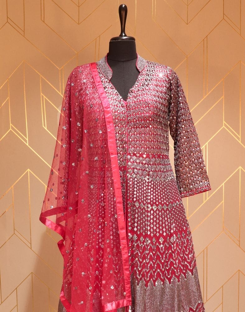 Maroon Chevron Netted Mirror Work Gown with Dupatta