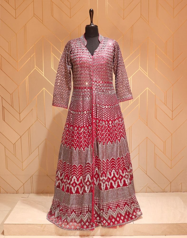 Collection of Maroon Chevron Netted Mirror Work Gown with Dupatta in a gallery layout