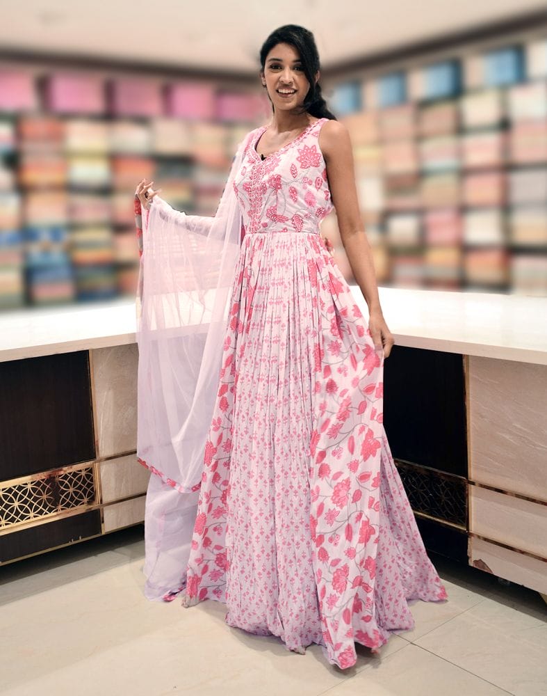 Pink Floral Print Chiffon Gown